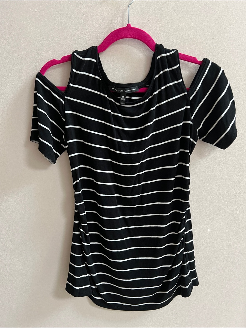 White House Black Market Black and White Cold-Shoulder Striped Short-Sleeved Tee